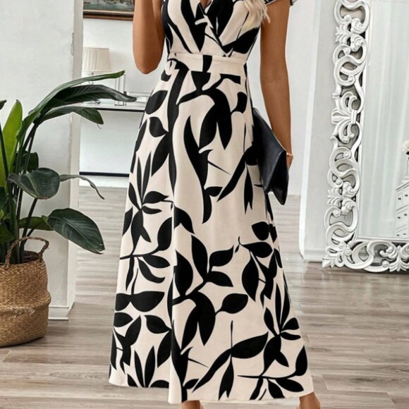 Black & White Leaf Wrap Midi Dress – Surplice Fit, Cap Sleeves (Sizes S–XL, NWT) - Picture 2 of 6